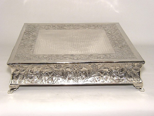 Picture of IMPERFECT | 24" Nickel Plated Cake Stand Square Embossed | 24" Sq x 6" H | Item No. 79724X