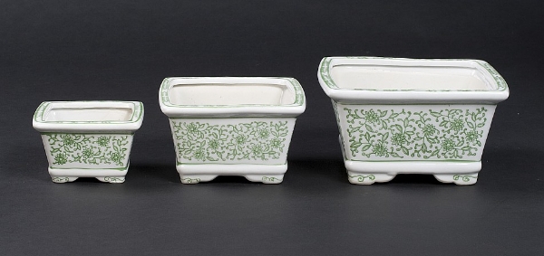 Picture of Green Floral Print on White Ceramic Planter Square Nested Set/3  | 4.5"-6"-7.5"W |  Item No. 71313