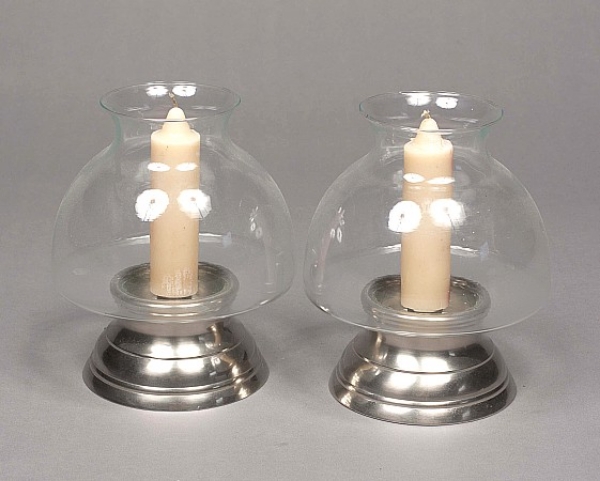 Picture of Nickel Plated on Brass Candle Holders  with Clear Glass Shades Set/2  | 6.5"Dx8.5"H |  Item No. K61075