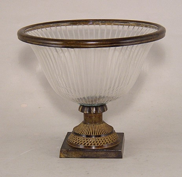 Picture of 8"Dx7"H  Bowl Glass Lines Cut Brown Metal Base + Decorative Ring  Item No. K76451