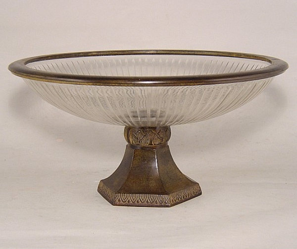 Picture of 14"Dx7"H  Bowl Glass Lines Cut Bronze Metal Base + Decorative Ring  Item No. K76482