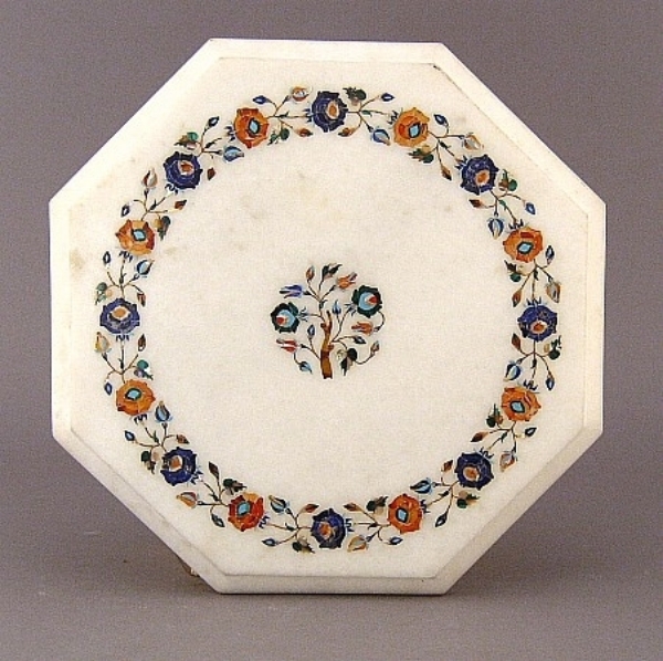 Picture of White Marble Table Top Octagonal with Semi Precious Stone Inlay Border + Center Medallion | 12"Wide 3/4"Thick |  Item No. K10006
