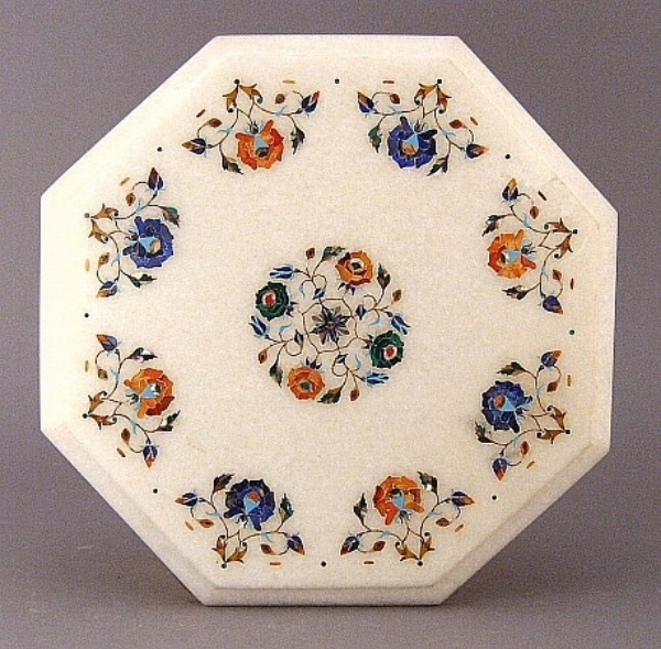 Picture of White Marble Table Top Octagonal with Semi Precious Stone Inlay Border + Center Medallion | 12"Wide 3/4"Thick |  Item No. K10003
