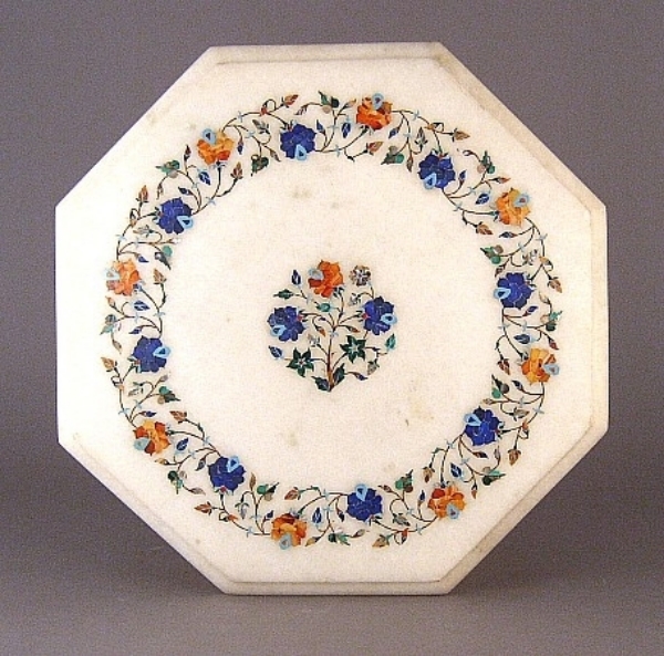 Picture of White Marble Table Top Octagonal with Semi Precious Stone Inlay Border + 4"D Center Medallion | 15"Wide 7/8"Thick |  Item No. K10010