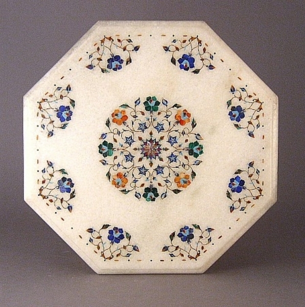 Picture of White Marble Table Top Octagonal with Semi Precious Stone Inlay Border + 6"D Center Medallion | 15"Wide 7/8"Thick |  Item No. K10008