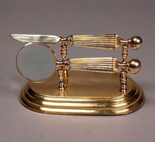 Picture of Brass Office Desk Set  of Letter Opener & Magnifying Glass on Stand  | 6"x9.5"x5"H |  Item No. K01716  SOLD AS IS