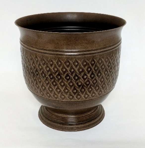 Picture of Brown Patina on Metal Planter Round Embossed Pattern Elevated Base | 14"Dx 13.5"H |  Item No. K44112L