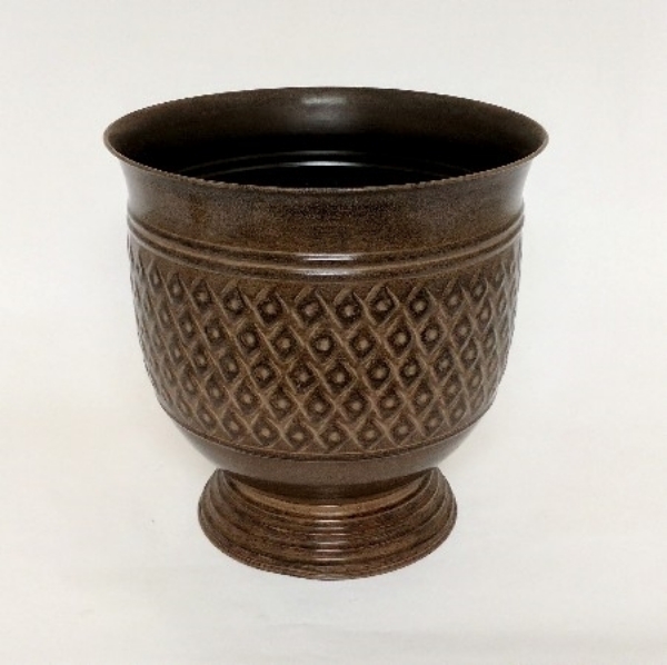 Picture of Brown Patina on Metal Planter Round Embossed Pattern Elevated Base | 12"Dx 12"H |  Item No. K44112M