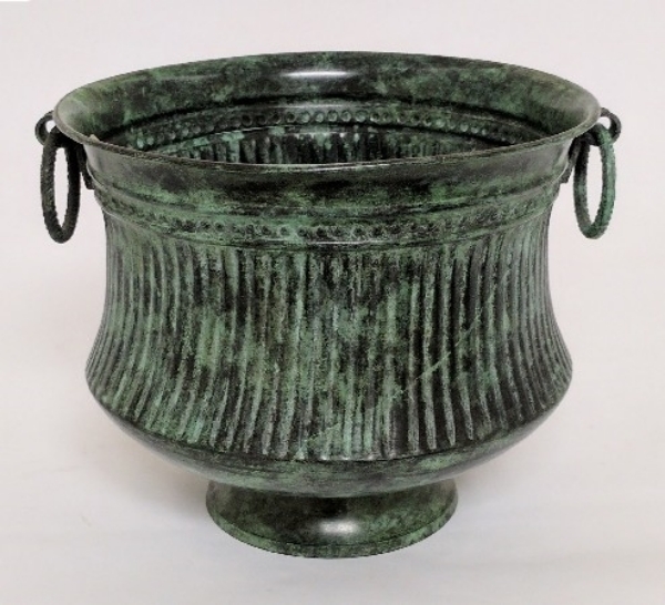 Picture of Dark Green Patina on Brass Planter Round Ring Handles Fluted Lines  | 8.5"Dx7"H |  Item No. K88314L