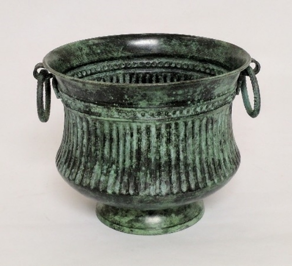Picture of Dark Green Patina on Brass Planter Round Ring Handles Fluted Lines  | 7"Dx6"H |  Item No. K88314M