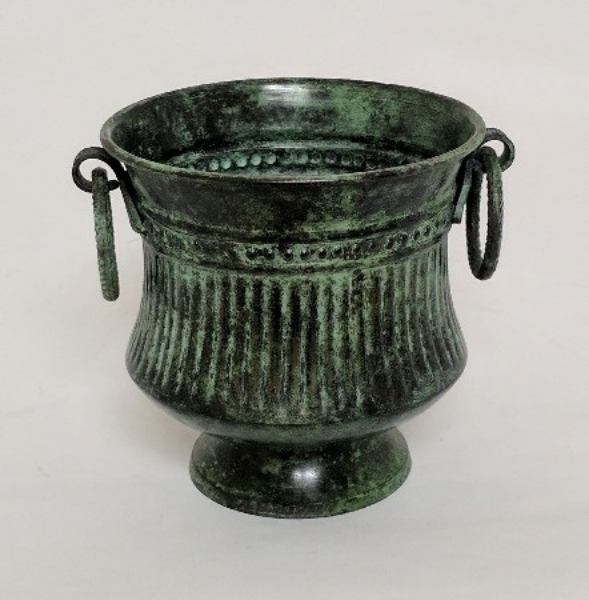 Picture of Dark Green Patina on Brass Planter Round Ring Handles Fluted Lines  | 5.25"Dx5.5"H |  Item No. K88314S