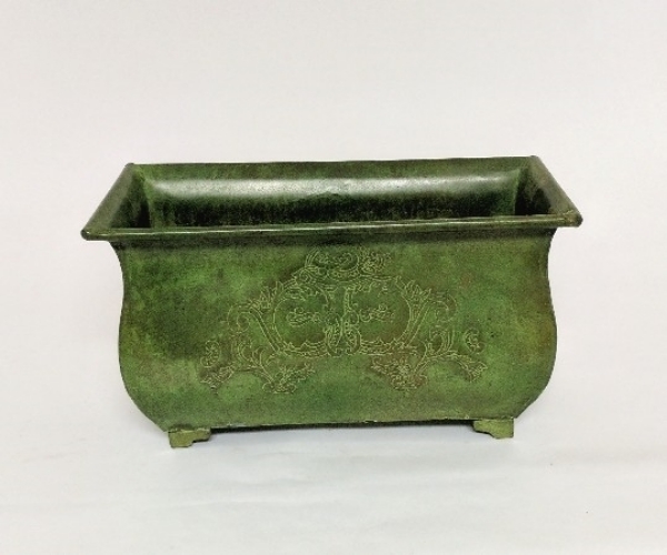 Picture of Green Patina on Brass Planter Rectangle Etched Design 4-Legs  | 6"Wx12"Lx6.5"H |  Item No. K78116S