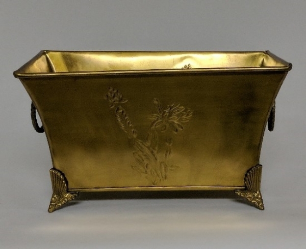 Picture of Antique Gold Finish on Brass Planter Rectangle Ring Handles 4-Legs  | 7"Wx12.5"Lx7"H |  Item No. K37460