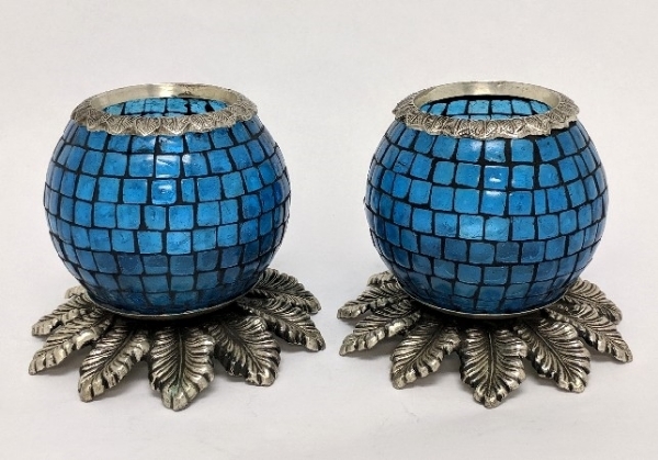 Picture of Light Blue Mosaic Votive on Silver Base Pair #K90367   5"x6"H
