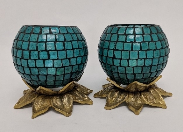 Picture of Sky Blue Mosaic Votive on Brass Base Pair #K90369   5"x6"H