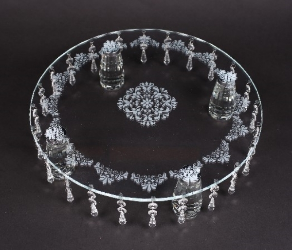 Picture of Cake Stand Laser Etched Round 24 Crystal Hanging Strands 4-Legs  | 16"Dx4.25"H | Item No. 20233 FREE SHIPPING