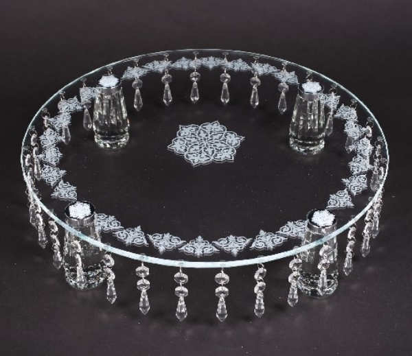 Picture of Cake Stand Laser Etched Round 32 Crystal Hanging Strands 4-Legs  | 18"Dx4.25"H |  Item No. 20234 FREE SHIPPING
