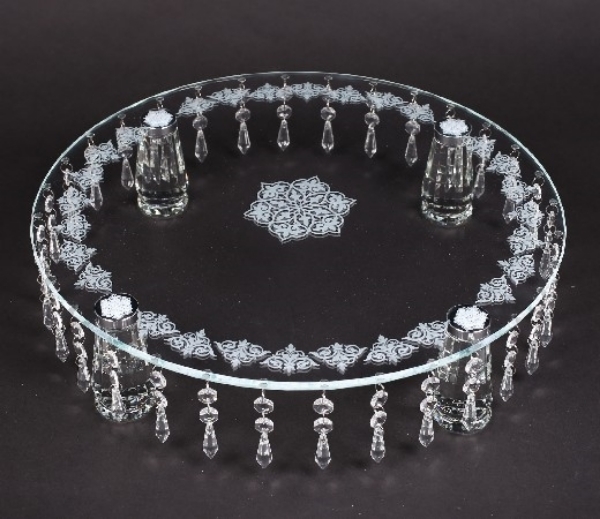 Picture of Crystal Cake Stand Round Laser Etched 32 Hanging Strands 4-Legs  | 18"Dx4.25"H |  Item No. 20234