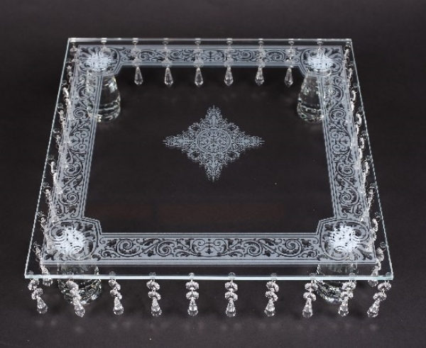 Picture of Cake Stand Laser Etched Square with 36 Crystal Hanging Strands 4-Legs  | 16"Sqx4.25"H |  Item No. 20235 FREE SHIPPING