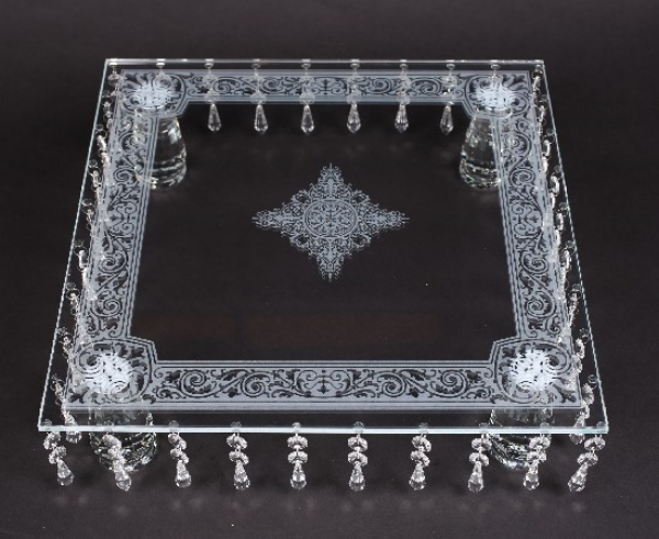 Picture of Crystal Cake Stand Square Laser Etched 36 Hanging Strands 4-Legs  | 16"Sqx4.25"H |  Item No. 20235