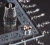 Picture of Cake Stand Laser Etched Square with 36 Crystal Hanging Strands 4-Legs  | 16"Sqx4.25"H |  Item No. 20235 FREE SHIPPING