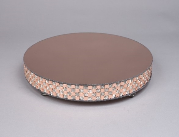 Picture of  Cake Stand Rose Gold Mirror with 4 Rows of Mirror Chips Border | 14"Dx 2.75"H |  Item No. 16201 FREE SHIPPING 