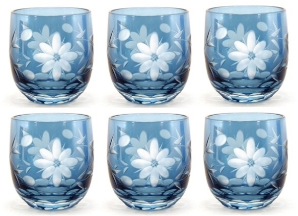 Picture of SOLD Votive Candle Holder Flower Etching Light Blue Color Glass Set of 6 |2.25"Dx2.25"H|   Item No.20665