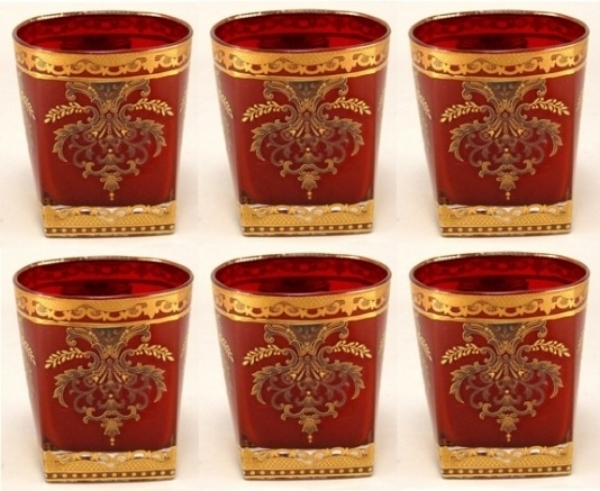 Picture of Votive Candle Holder Red Glass with Gold Print Square Base Set of 6 |3"Dx3.5"H| Item No. 20731