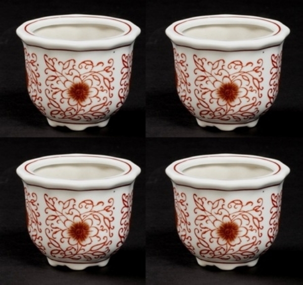 Picture of Red Floral Print on White Ceramic Planter Round Set/4  | 4"Dx3"H |  Item No. 71401