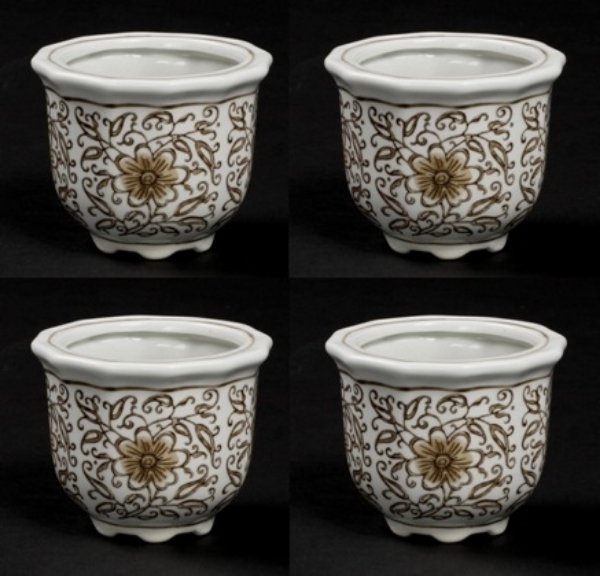 Picture of Brown Floral Print on White Ceramic Planter Round Set/4  | 4"Dx3"H |  Item No. 71501