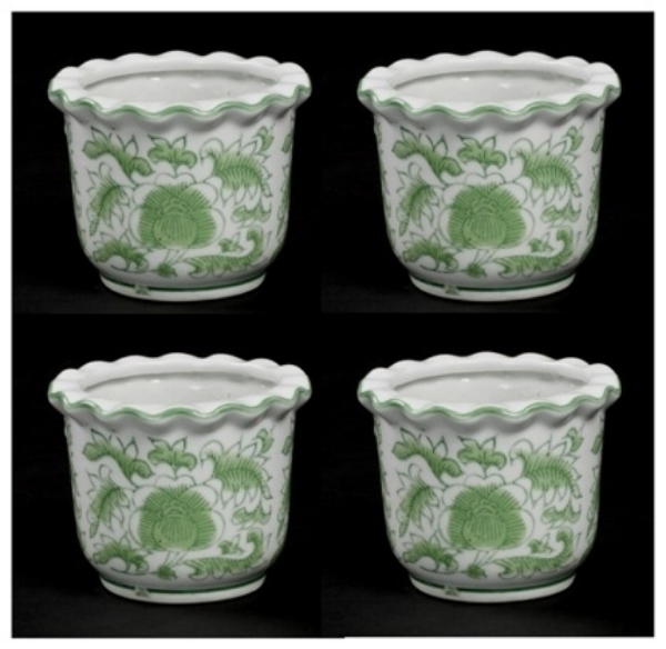 Picture of Green Floral Print on White Ceramic Planter Round  Wavy Top Set/4  | 4"Dx3"H |  Item No. 71302