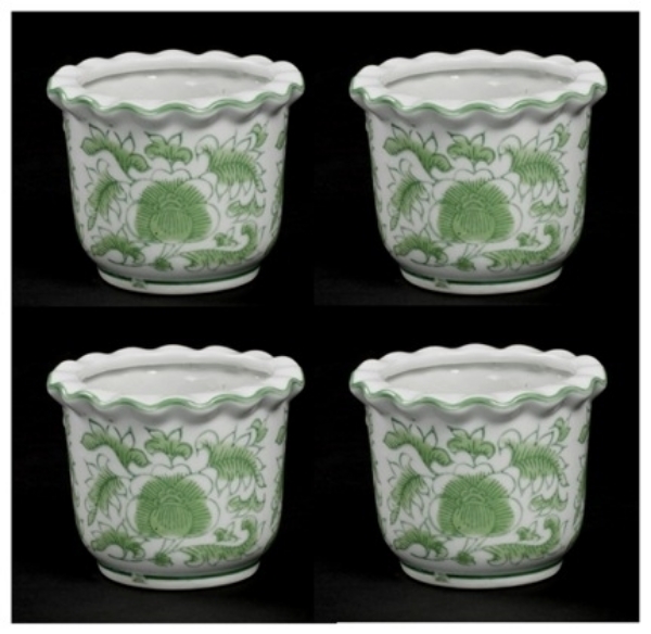 Picture of SOLD Green Floral Print on White Ceramic Planter Round  Wavy Top Set/4  | 4"Dx3"H |  Item No. 71302