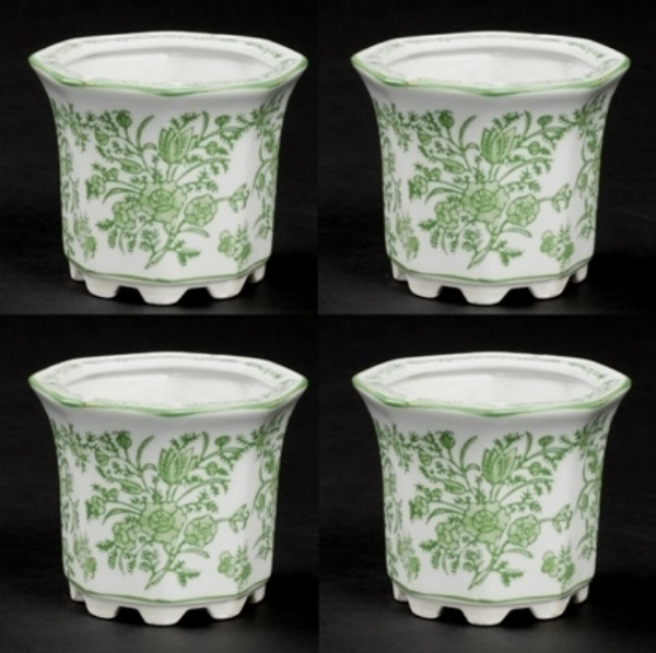 Picture of Green Floral Print on White Ceramic Planter Hexagonal Set/4  | 4"Dx3.5"H |  Item No. 71303