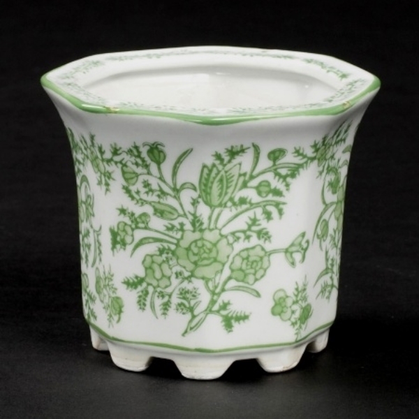 Picture of Set/4  White Ceramic Planter Green Floral Print Octagonal  | 4"Dx3.5"H |  Item No. 71303