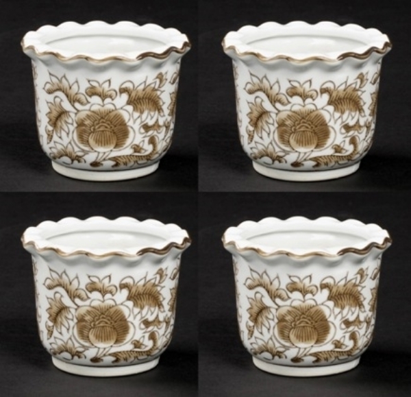 Picture of Brown Floral Print on White Ceramic Planter Round  Wavy Top Set/4  | 4"Dx3"H |  Item No. 71502