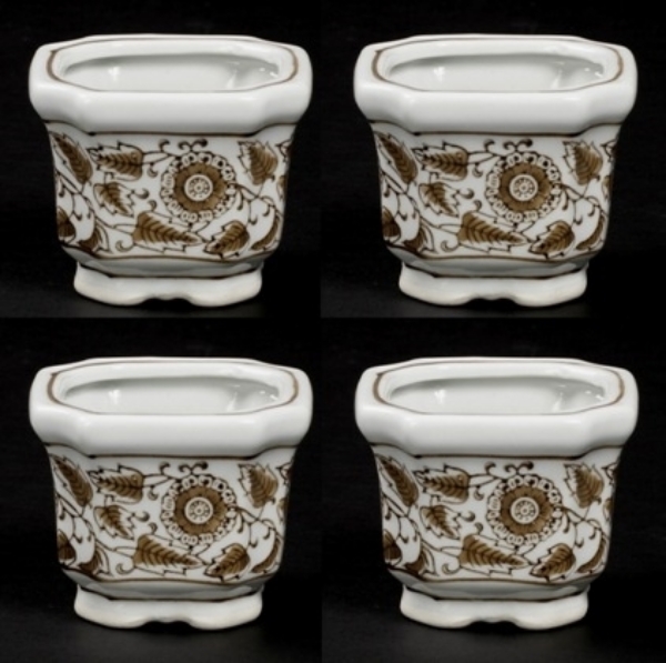 Picture of Brown Floral Print on White Ceramic Planter Square Set/4  | 4"Wx3"H |  Item No. 71504