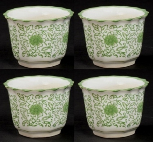 Picture of Green Floral Print on White Ceramic Planter Round Scalloped Rim Set/4  | 5"Dx3.5"H |  Item No. 71306