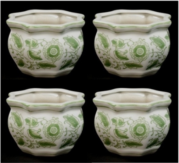 Picture of Green Floral Print on White Ceramic Planter Octagonal Set/4  | 5"Wx3.5"H |  Item No. 71308