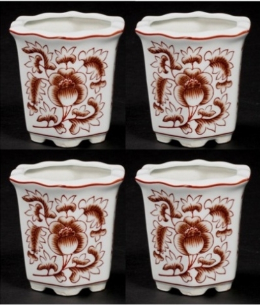 Picture of Red Floral Print on White Ceramic Planter Hexagonal Wavy Top Set/4  | 4.5"Wx4.5"H |  Item No. 71407