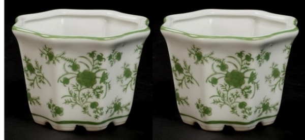 Picture of Green Floral Print on White Ceramic Planter Octagonal Set/2  | 6"Wx4"H |  Item No. 71309
