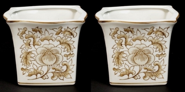 Picture of Brown Floral Print on White Ceramic Planter Square Set/2  | 5.75"Wx4.5"H |  Item No. 71510