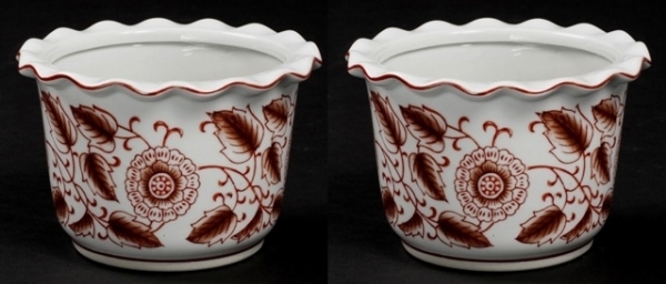 Picture of Red Floral Print on White Ceramic Planter Round Wavy Top Set/2  | 6"Dx4"H |  Item No. 71412