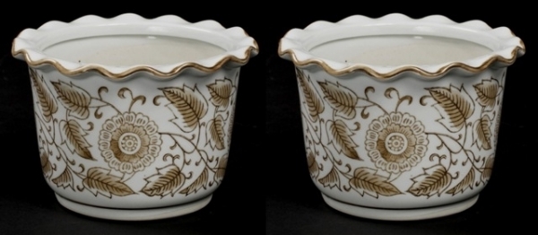 Picture of Brown Floral Print on White Ceramic Planter Round Wavy Top Set/2  | 6"Dx4"H |  Item No. 71512