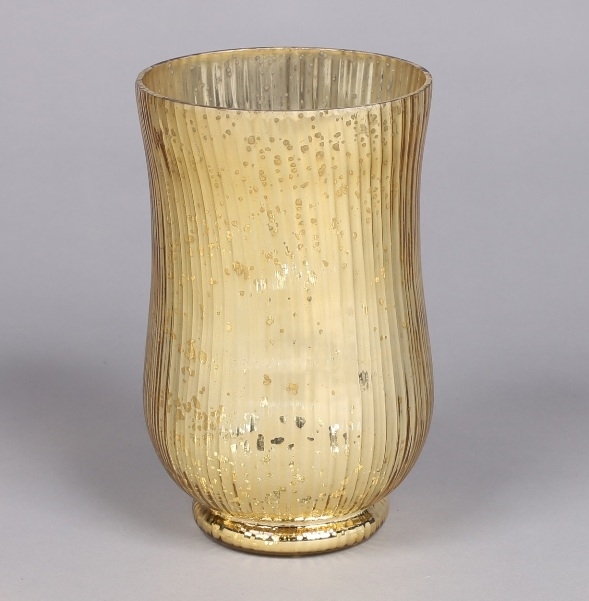 Gold mercury glass hurricane shape vase with lines 8"H 16054,Uniquely