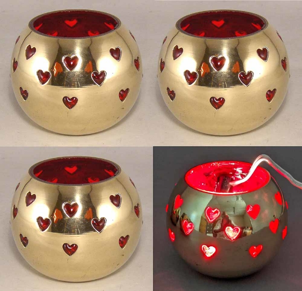 Picture of Set/4 Brass Votive Holder Heart Cutouts with Red Glass Liner | 4"Dx3.5"H | Item No. 90504