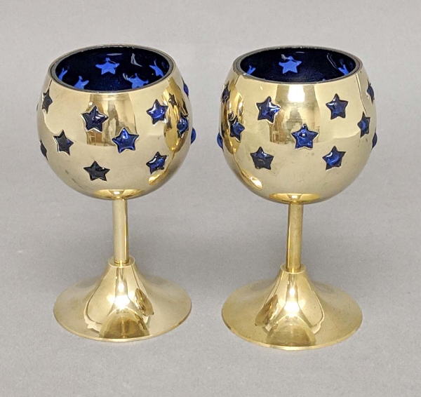 Picture of 3"D x 6"H  Votive Holder Perforated Brass Ball on Stand with Blue Glass Liner Set of 2  Item No. 90506