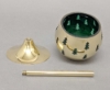 Picture of 3"D x 7.5"H  Votive Holder Perforated Brass Ball on Stand with Green Glass Liner Set of 2  Item No. 90511