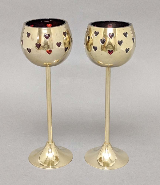 Picture of 3"D x 9"H  Votive Holder Perforated Brass Ball on Stand with Red Glass Liner Set of 2  Item No. 90513