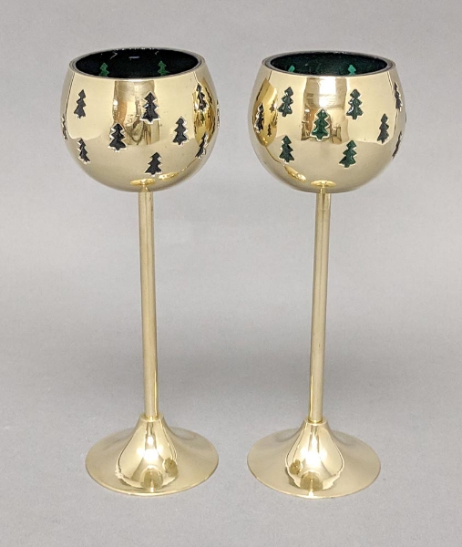 Picture of 3"D x 9"H  Votive Holder Perforated Brass Ball on Stand with green Glass Liner Set of 2  Item No. 90514