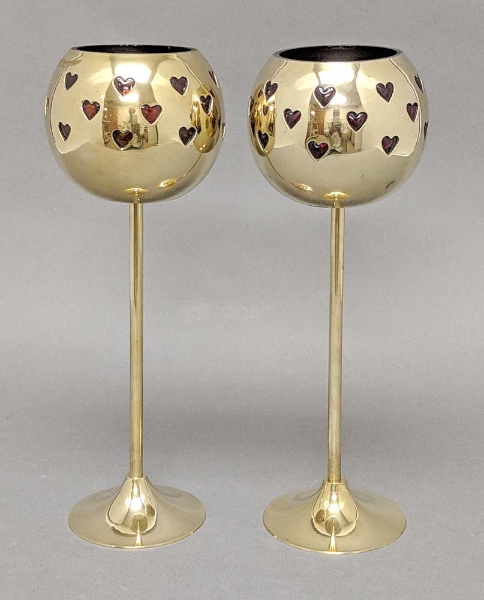 Picture of 4"D x 11"H  Votive Holder Perforated Brass Ball on Stand with Red Glass Liner Set of 2  Item No. 90522